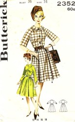 2352 BUTTERICK 1963 CUTE SS-LS RAGLAN FLARE SHIRTWAIST DRESS PATTERN 12 32" B